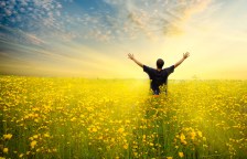 man in yellow flower field under beautiful sky